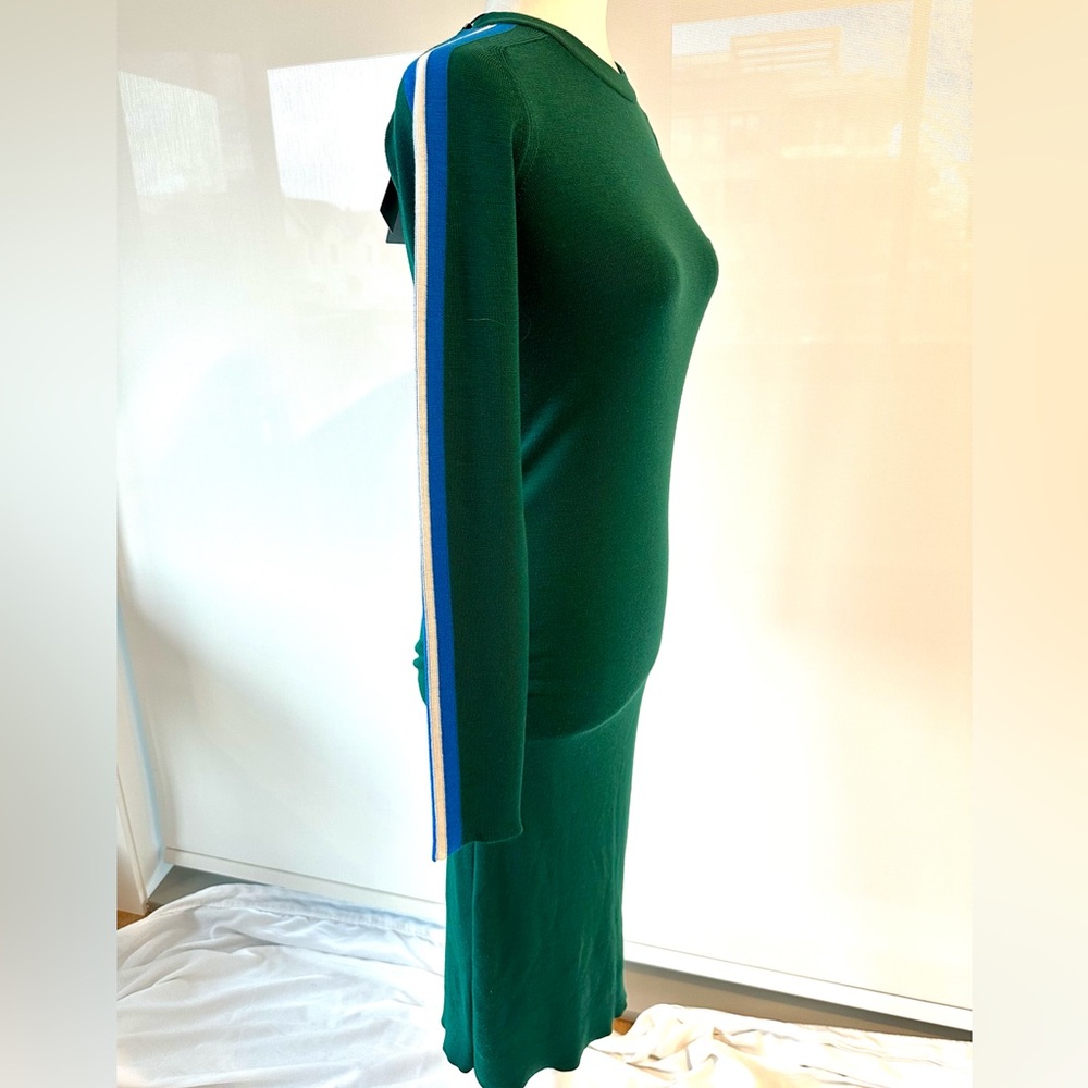 NWT LACOSTE Emerald Green Knit Maxi Dress with Blue & White Striped Sleeves.